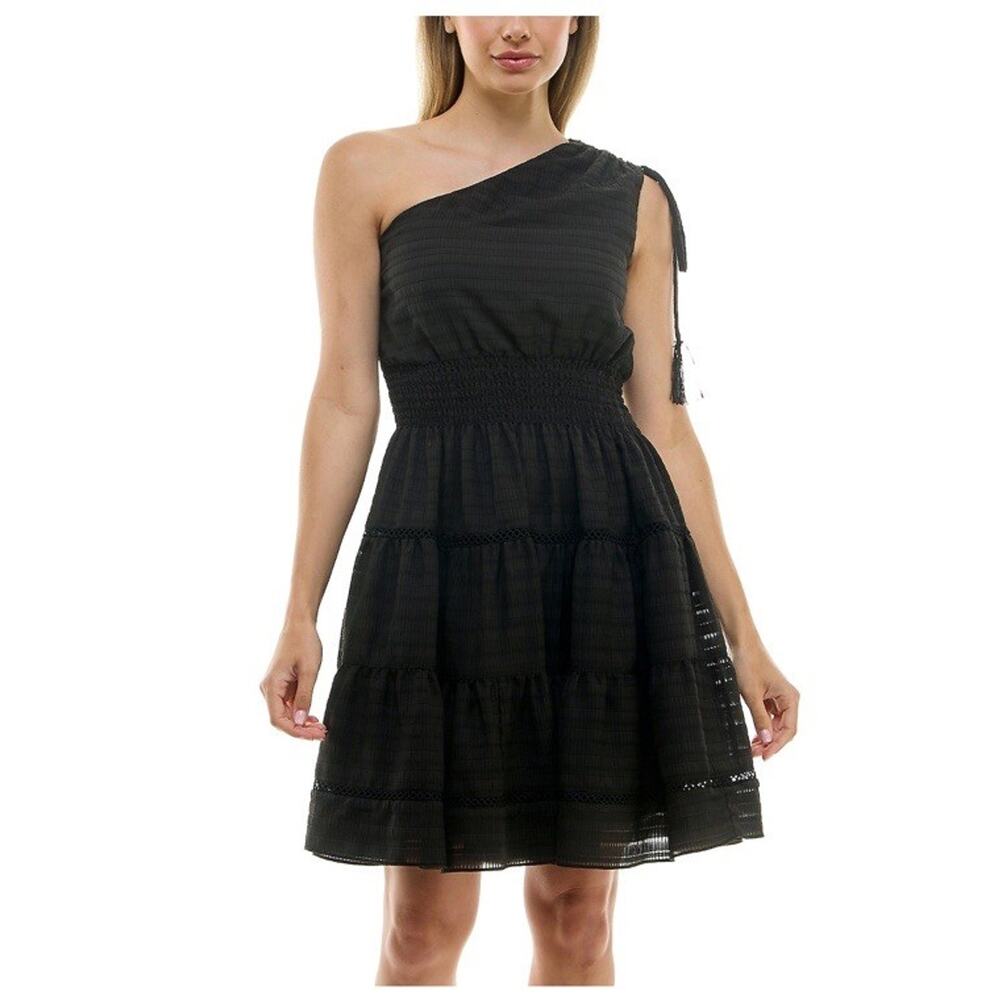 Taylor Stripe Seersucker One Shoulder Tie Smocked Tiered Mini Dress Sz 12 NWT